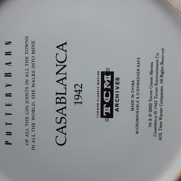 Casablanca Pottery Barn 8" Collector Plate Movie Poster Image on Plate - Picture 4 of 9